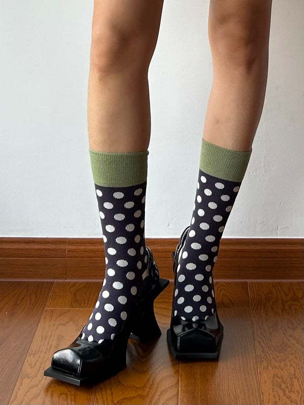 Green Edge Polka Dots Pattern Cotton Crew Socks