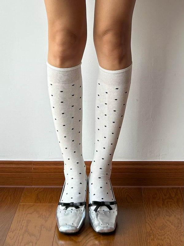 White Polka Dots Cotton Knee High Socks