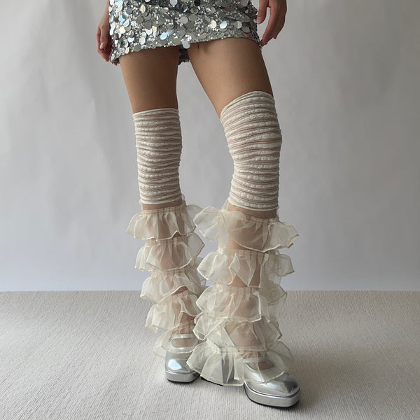 Beige Layered Ruffle Leg Warmers