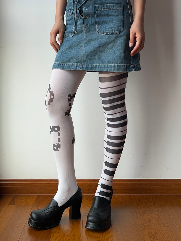 White Asymmetric Piano Pattern Print Tights – Moody MuMu