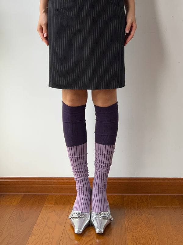 Purple Contrasting Cotton Over the Knee Socks
