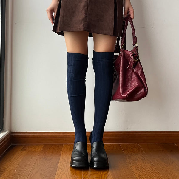 Navy Blue Wool Blend Over the Knee Socks