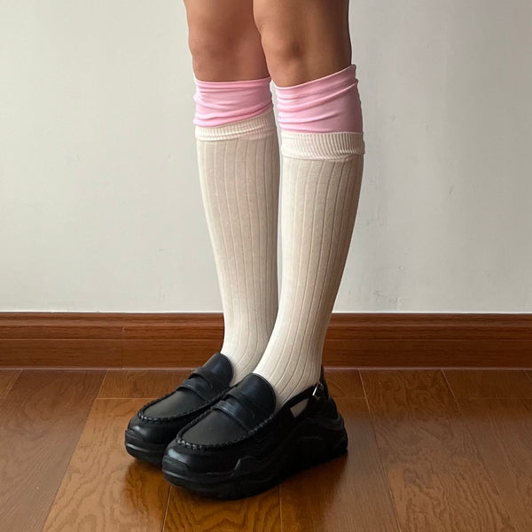 White Stitch Cotton Knee High Socks