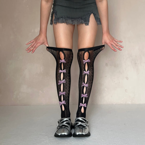 Black Cut Out Over the Knee Socks with Purple Bows