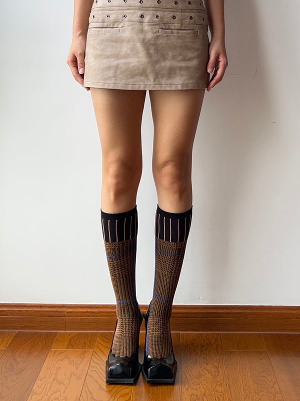 Brown+Blue Cotton Knee High Socks