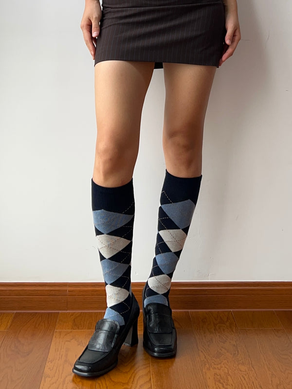 Blue Wool Blend Check Pattern Knee High Socks