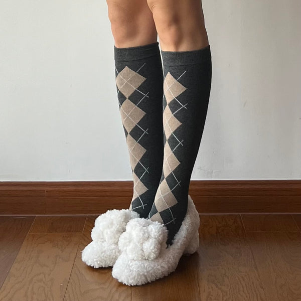 Grey Check Pattern Cotton Knee High Socks