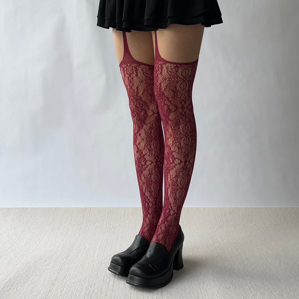 Burgundy Floral Pattern Stockings with Suspender