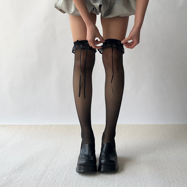 Black Ruffle Bow Deco Over the Knee Socks