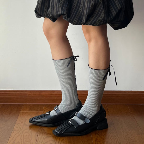 Grey Bow Deco Cotton Knee High Socks