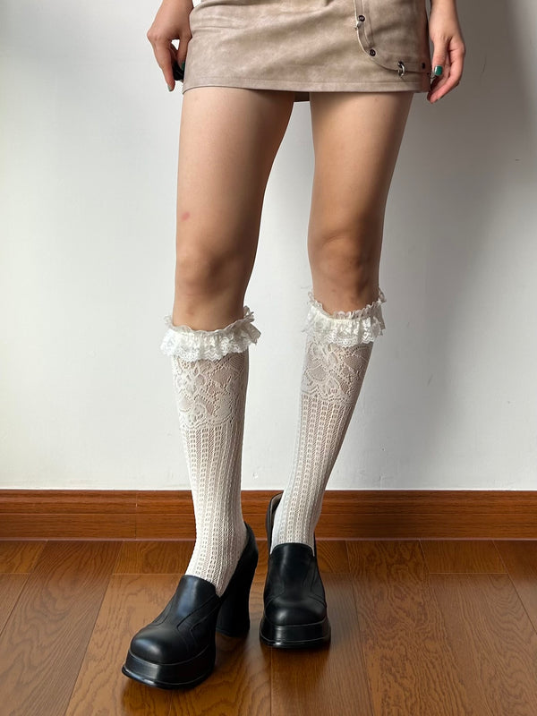 Ivory Ruffle Fishnet Knee High Socks