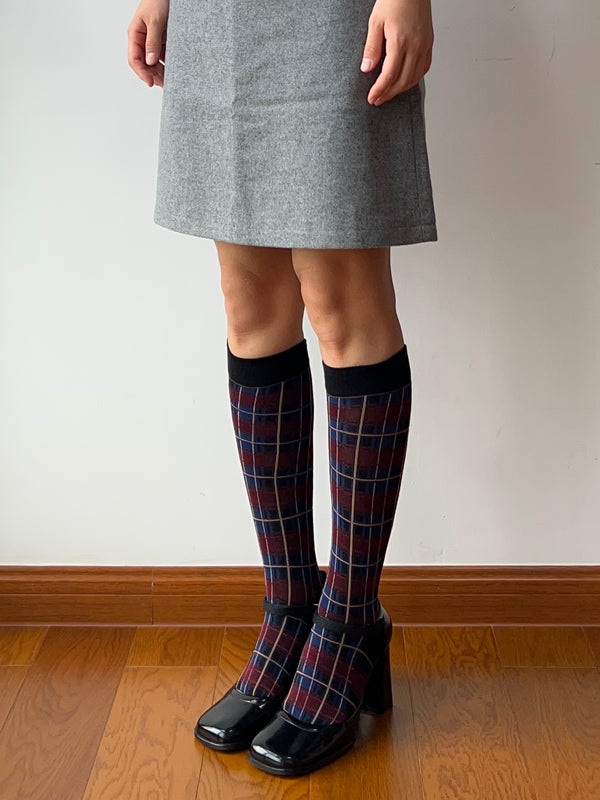 Burgundy Check Pattern Cotton Knee High Socks