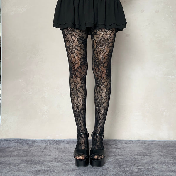 Black Floral Pattern Fishnet Tights