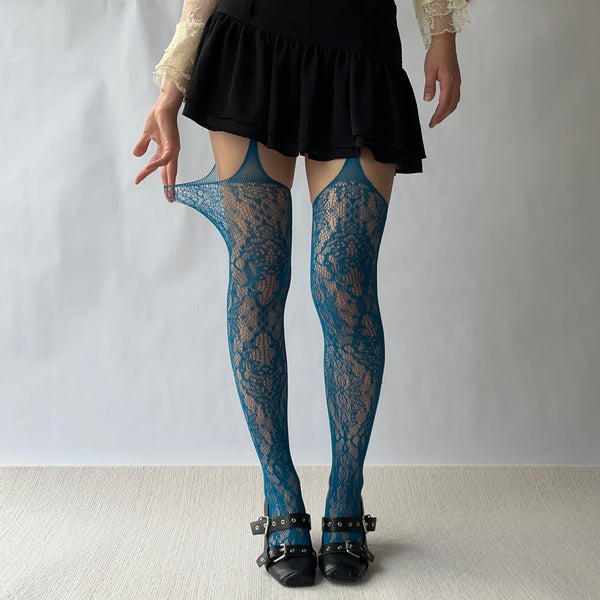 Lake Blue Floral Pattern Stockings with Suspender