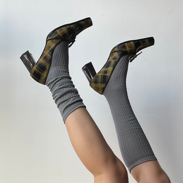 Grey Ribbed Cotton Knee High Socks