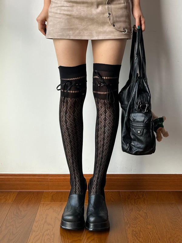 Black Lace Up Fishnet Over the Knee Socks