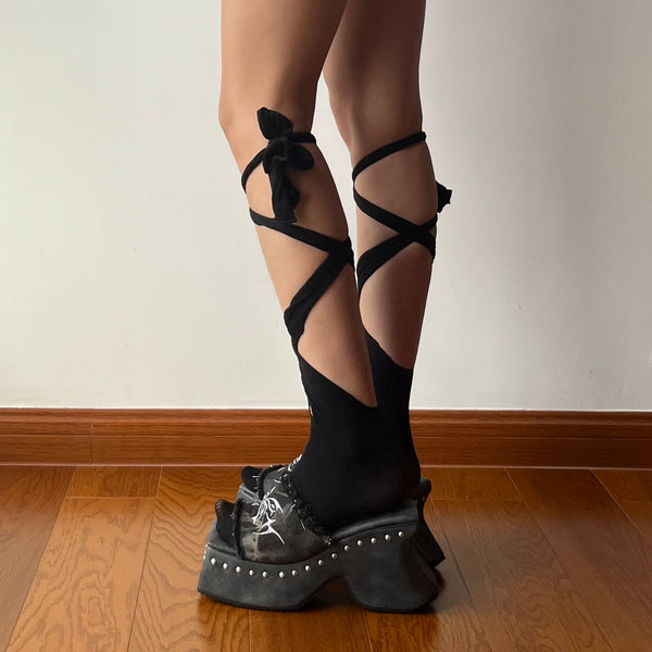 Black Lace Up Knee High Socks