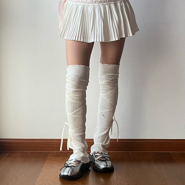 White Lace Up Leg Warmers