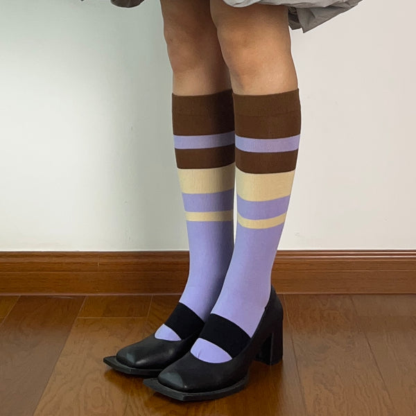 Purple Contrasting Colour Cotton Knee High Socks