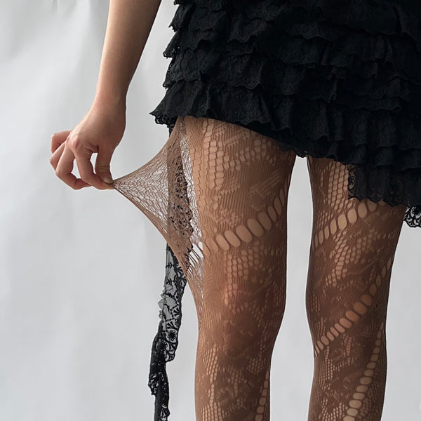 Brown Floral Pattern Fishnet Tights