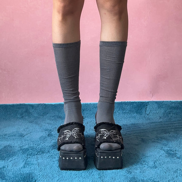 Grey Casual Cotton Knee High Socks