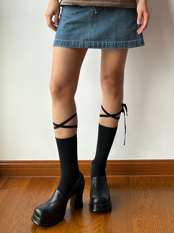 Black Lace Up Crew Socks