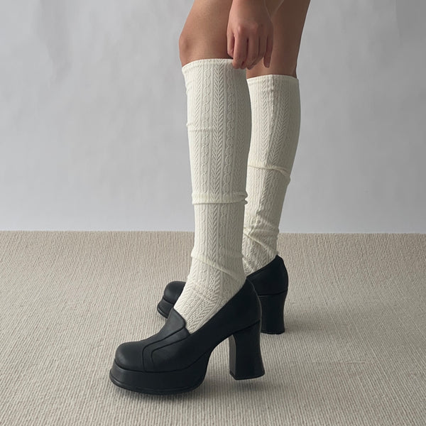 White Cable Textured Cotton Over the Knee Socks