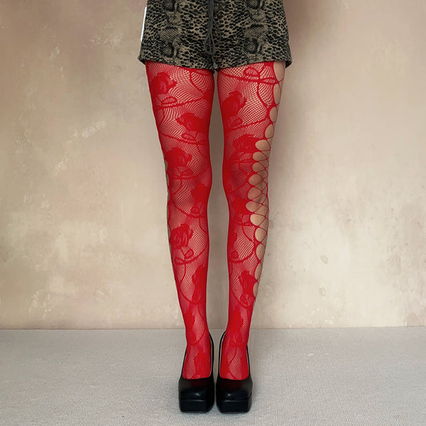 Red Floral Pattern Cut Out Fishnet Tights