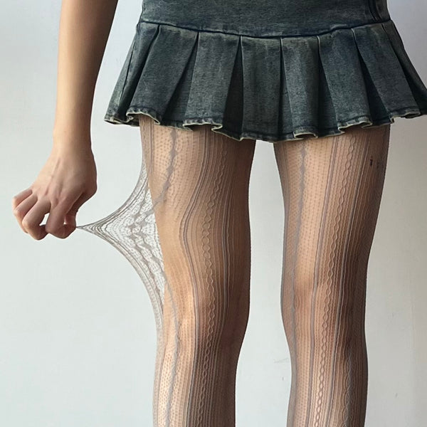 Grey Stripe Pattern Fishnet Tights