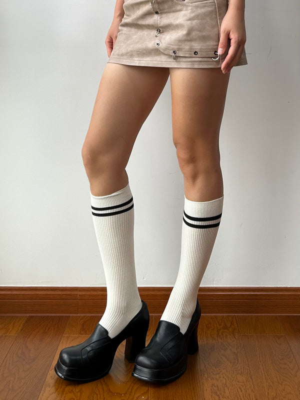 White Stripe Cotton Knee High Socks