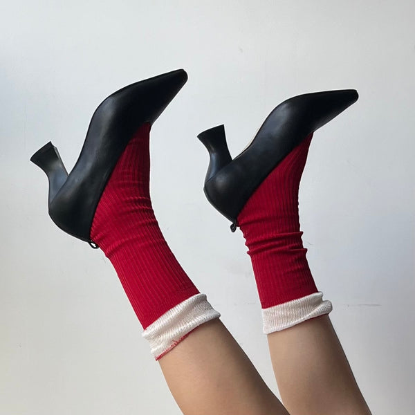 Red Contrasting Cotton Crew Socks