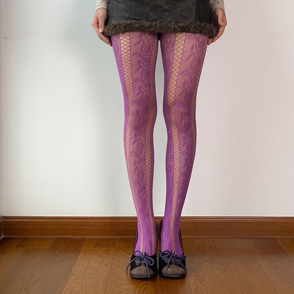 Purple Floral Pattern Fishnet Tights