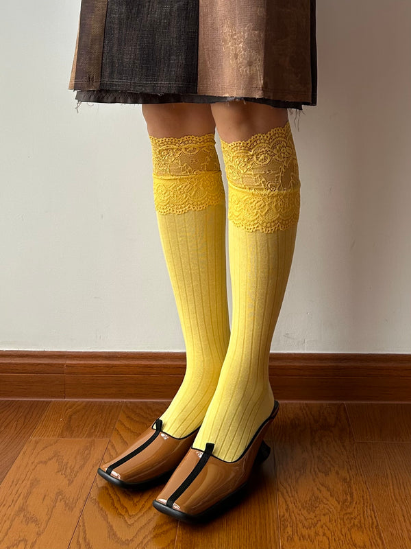 Yellow Lace Edge Knee High Socks