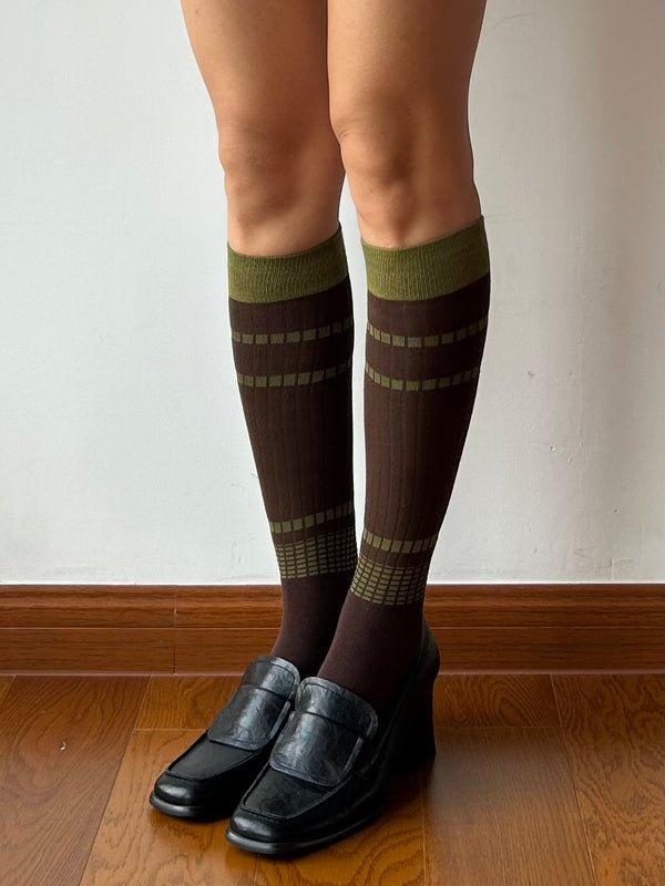 Brown Stripe Cotton Knee High Socks