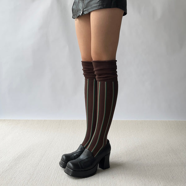 Brown Stripe Cotton Over the knee socks