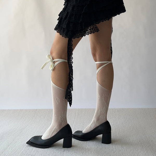 White Lace Up Fishnet Knee High Socks