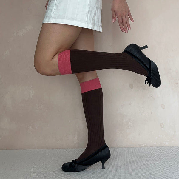 Brown Contrasting Cotton Knee High Socks