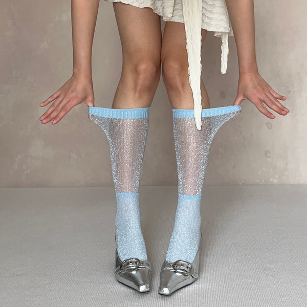 Blue Metallic Knee High Socks