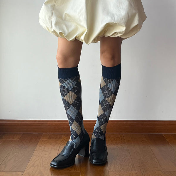 Blue Check Pattern Cotton Knee High Socks