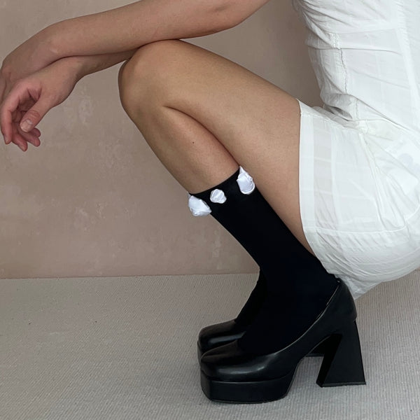 Black Crew Socks With White 3D Rose Deco