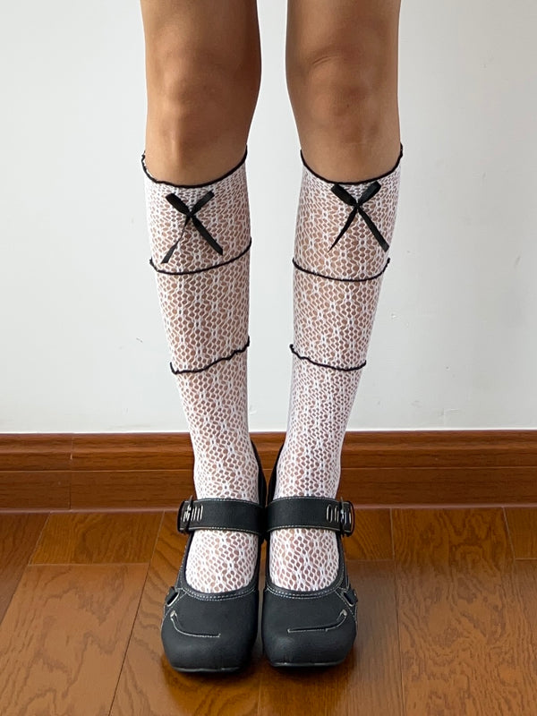 White Trimmed Bow Deco Fishnet Knee High Socks