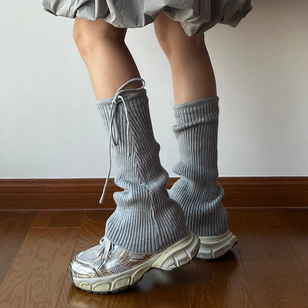 Grey Drastring Knitted Leg Warmers