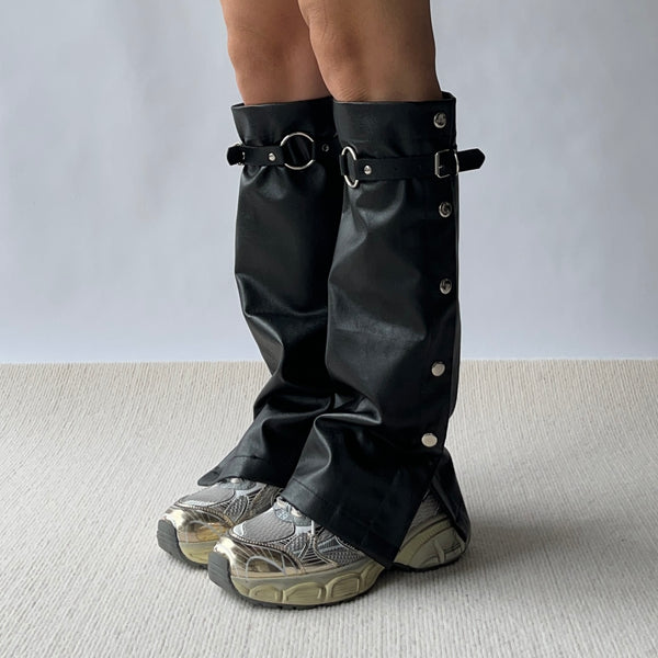 Black Faux Leather Buckle Leg Warmers