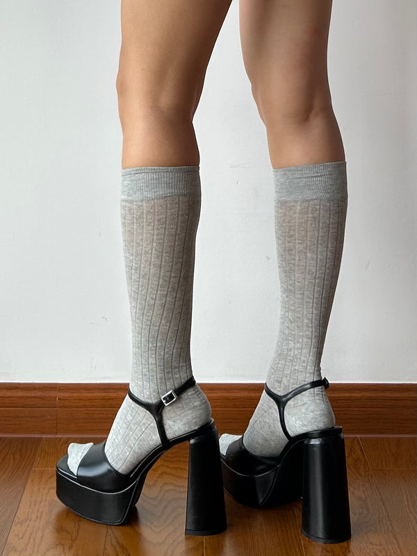 Grey Cotton Knee High Socks