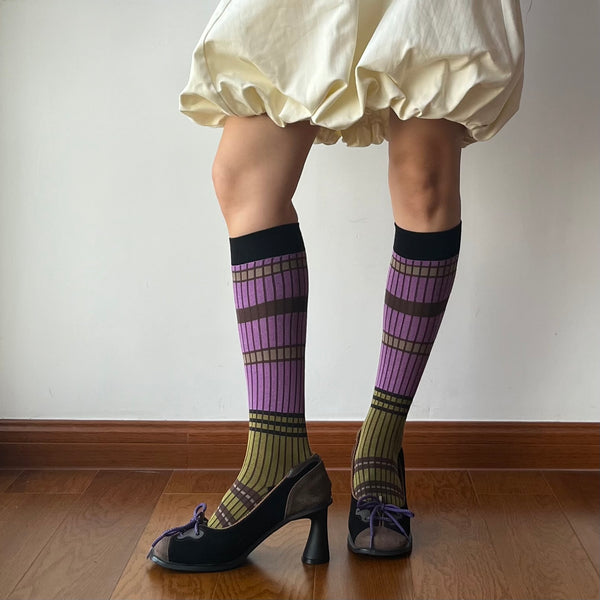 Olive Green+ Purple Stripe Cotton Knee High Socks