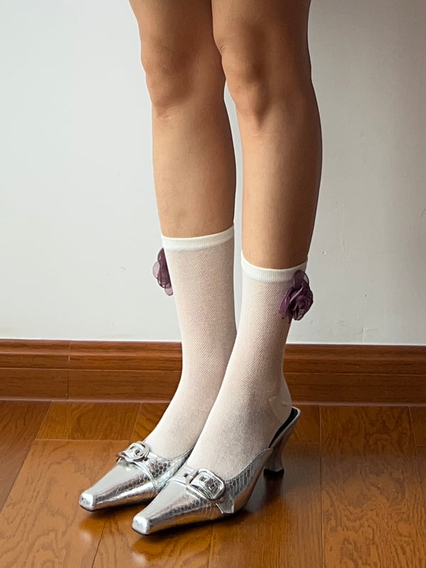 White Floral Deco Crew Socks