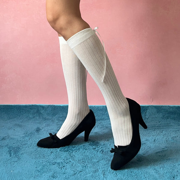 White Bow Deco Cotton Knee High Socks