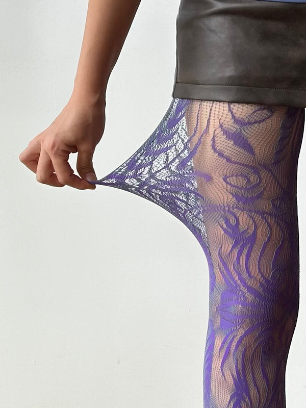 Purple Textured Floral Pattern Fishnet Tights