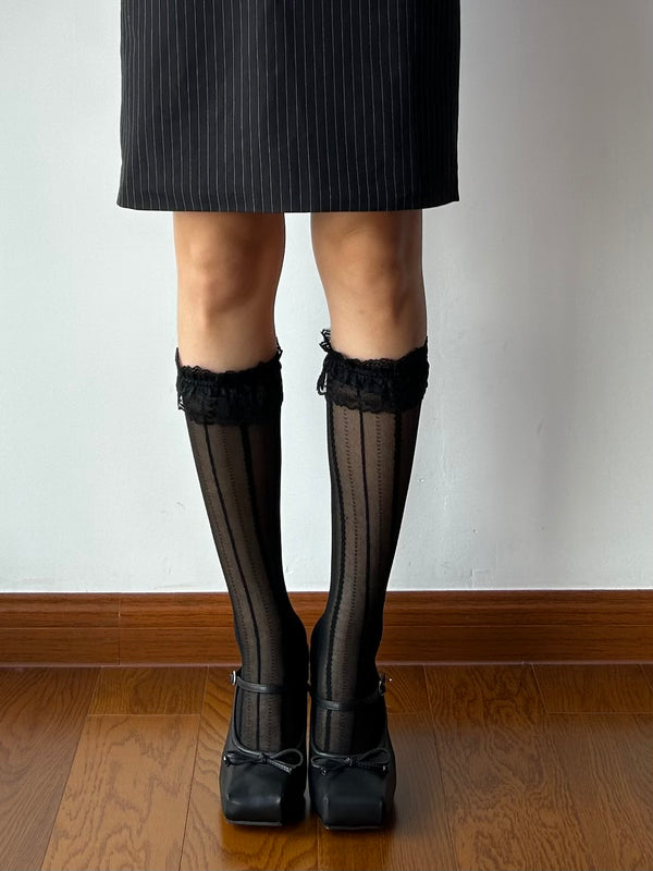 Black Ruffle Stripe Pattern Sheer Knee High Socks