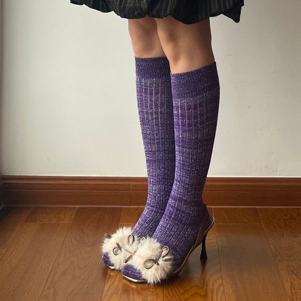 Purple Metallic Cotton Knee High Socks